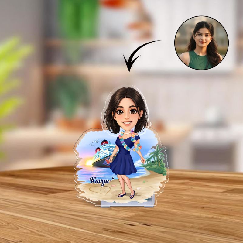 Personalized Bobblehead Caricature with Beach Theme Custom with Face Cutout & Name Birthday Gift for Girls Battery Powered Moving Head Tabletop Decor